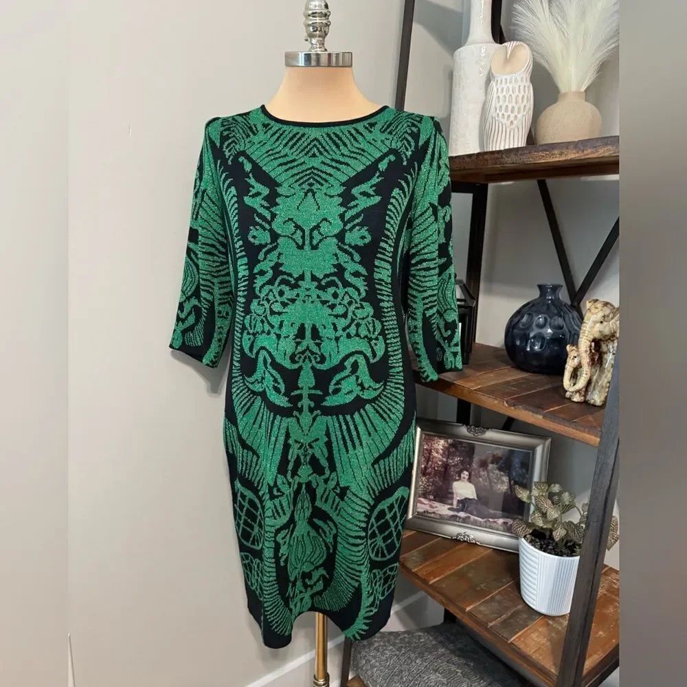 Ming Wang Sapphire Green/Black w/ Metallic Threading Sheath Knit Dress Womens SM